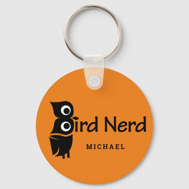 Bird Nerd and Owl Personalised Name Orange Key Ring (Front)