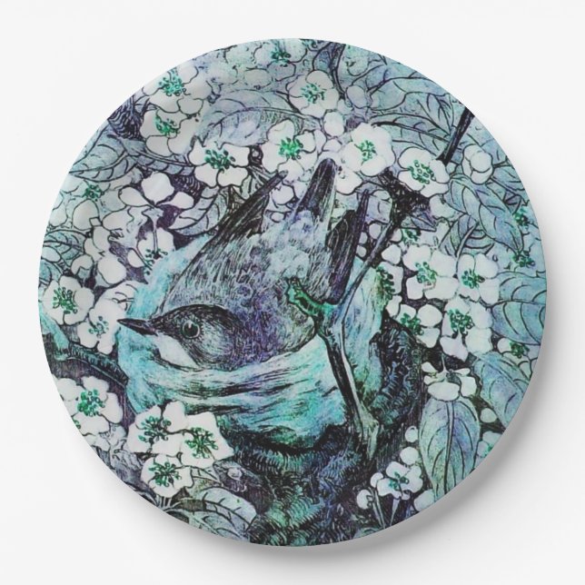 BIRD NEST AMONG SPRING FLOWERS ,White,Blue Teal  Paper Plate (Front)