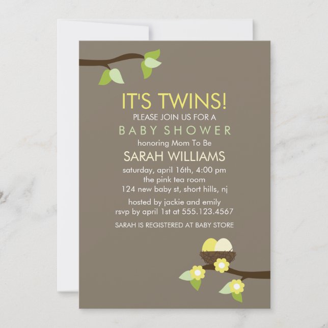 Bird Nest and Blossoms Twin Baby Shower Invitation (Front)