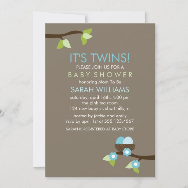 Bird Nest and Blossoms Twin Boys Baby Shower Invitation (Front)