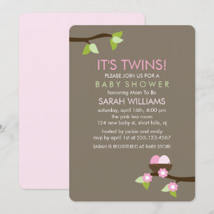 Bird Nest and Blossoms Twin Girls Baby Shower Invitation