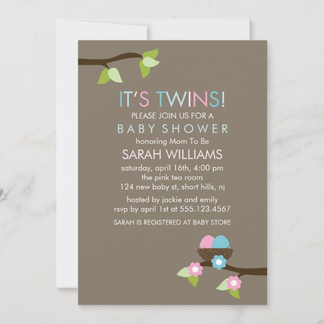 Bird Nest and Blossoms Twins Baby Shower Invitation (Front)