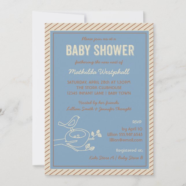 Bird Nest Blue Baby Shower Invitation (Front)