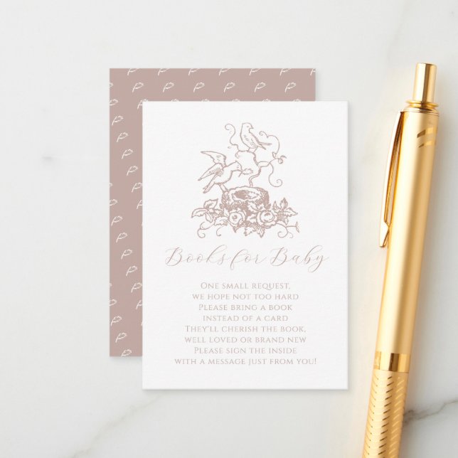 Bird Nest Dusty Rose Pink Baby Shower Insert Card (Front/Back In Situ)