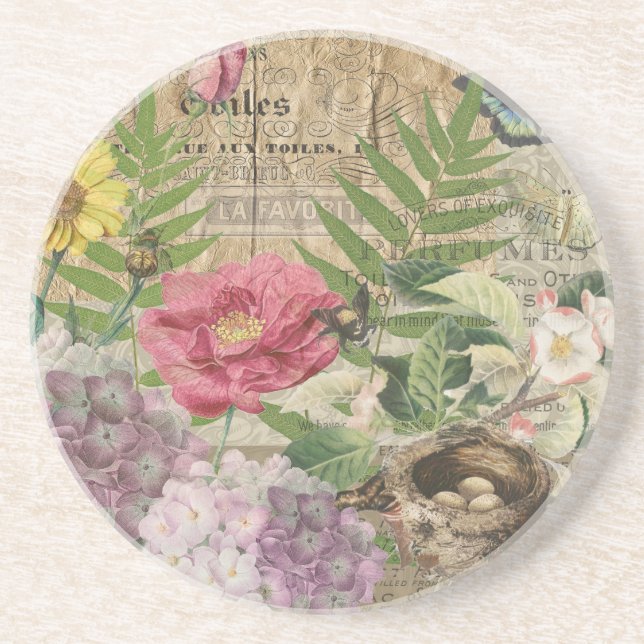 Bird Nest Floral Garden Flower Butterfly Art Coaster (Front)