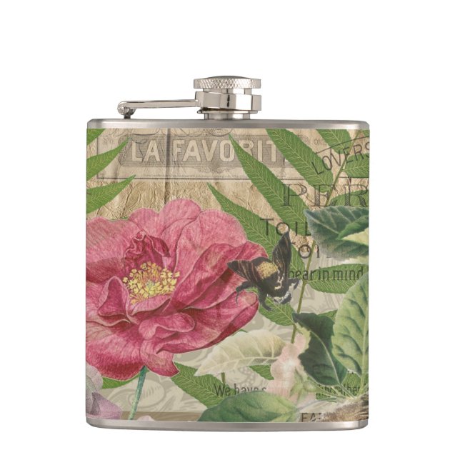 Bird Nest Floral Garden Flower Butterfly Art Hip Flask (Front)