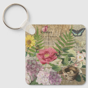 Bird Nest Floral Garden Flower Butterfly Art Key Ring
