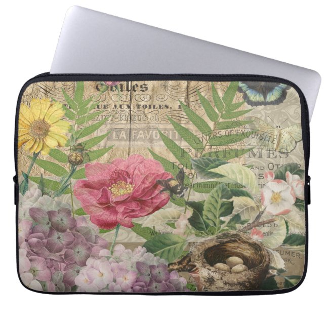 Bird Nest Floral Garden Flower Butterfly Art Laptop Sleeve (Front)