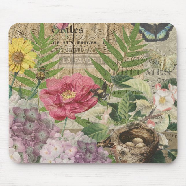 Bird Nest Floral Garden Flower Butterfly Art Mouse Mat (Front)