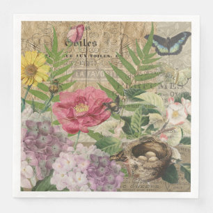 Bird Nest Floral Garden Flower Butterfly Art Napkin