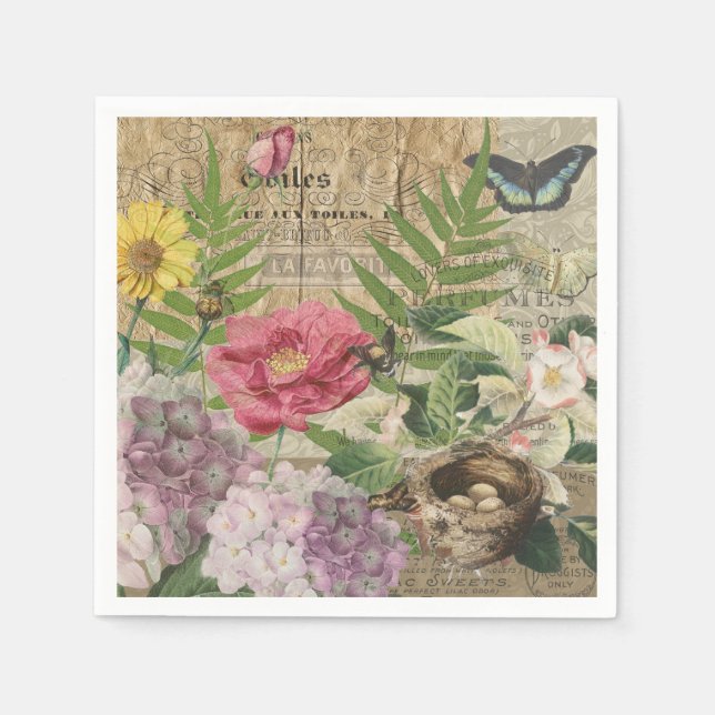 Bird Nest Floral Garden Flower Butterfly Art Napkin (Front)