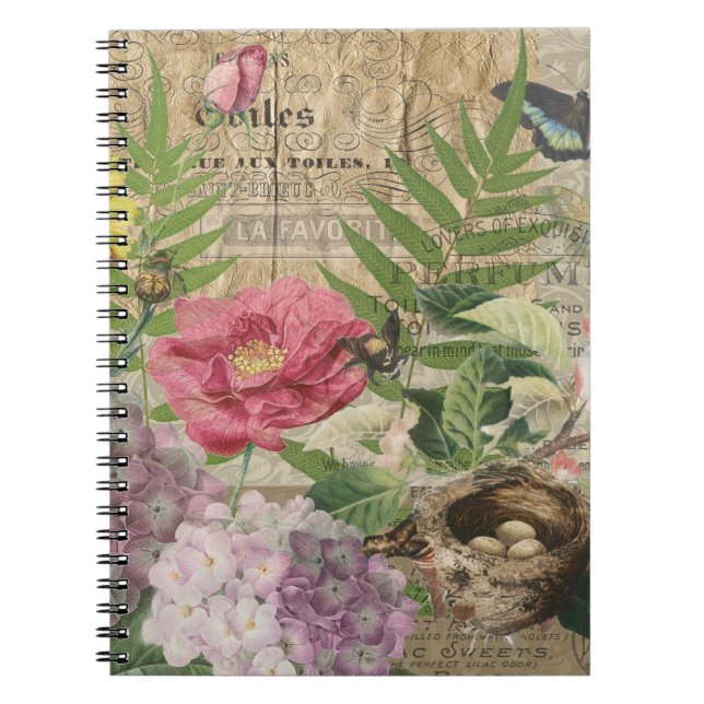 Bird Nest Floral Garden Flower Butterfly Art Notebook (Front)