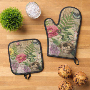 Bird Nest Floral Garden Flower Butterfly Art Oven Mitt & Pot Holder Set