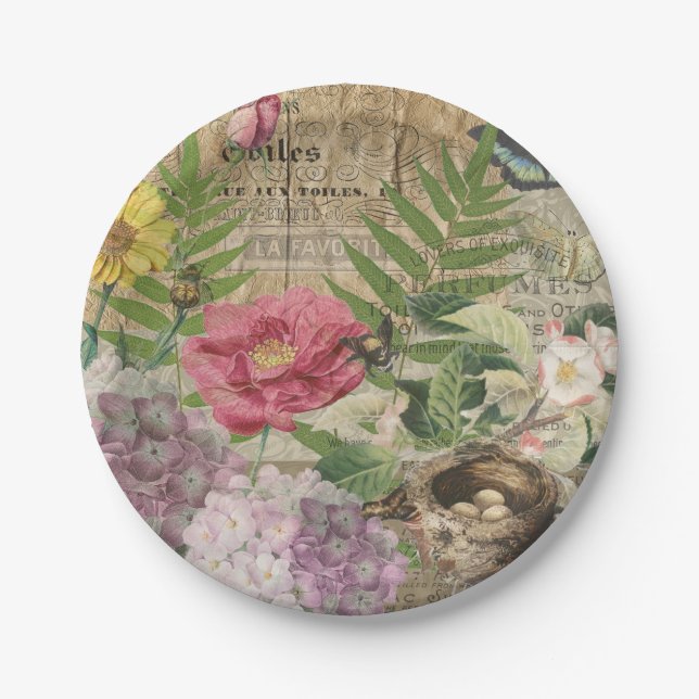 Bird Nest Floral Garden Flower Butterfly Art Paper Plate (Front)