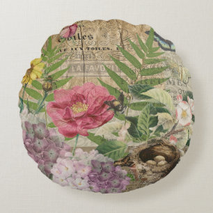 Bird Nest Floral Garden Flower Butterfly Art Round Cushion