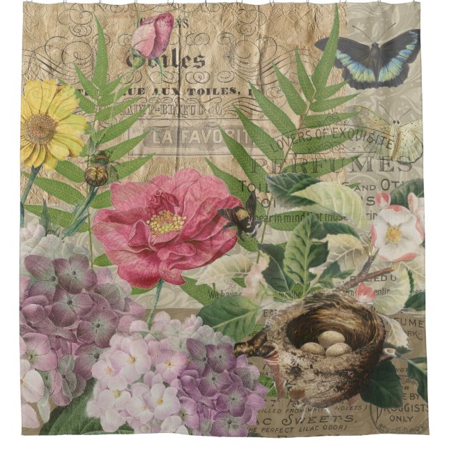 Bird Nest Floral Garden Flower Butterfly Art Shower Curtain (Front)