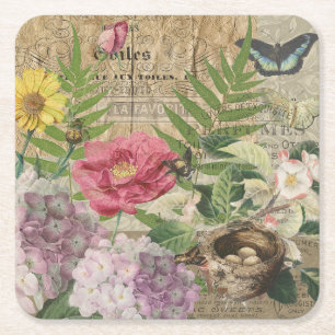 Bird Nest Floral Garden Flower Butterfly Art Square Paper Coaster