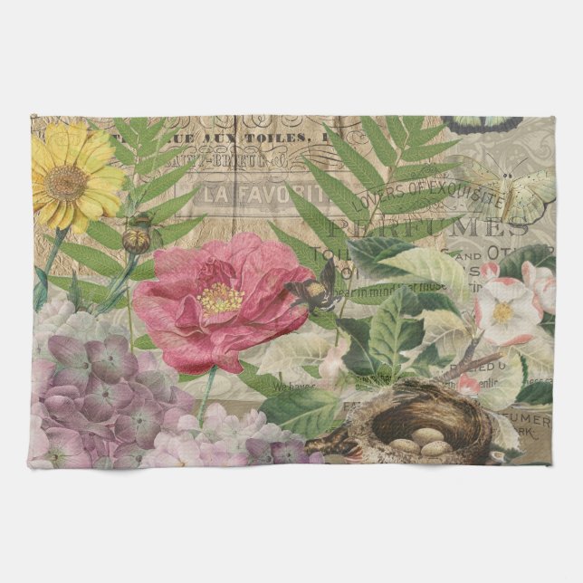 Bird Nest Floral Garden Flower Butterfly Art Tea Towel (Horizontal)
