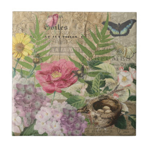 Bird Nest Floral Garden Flower Butterfly Art Tile