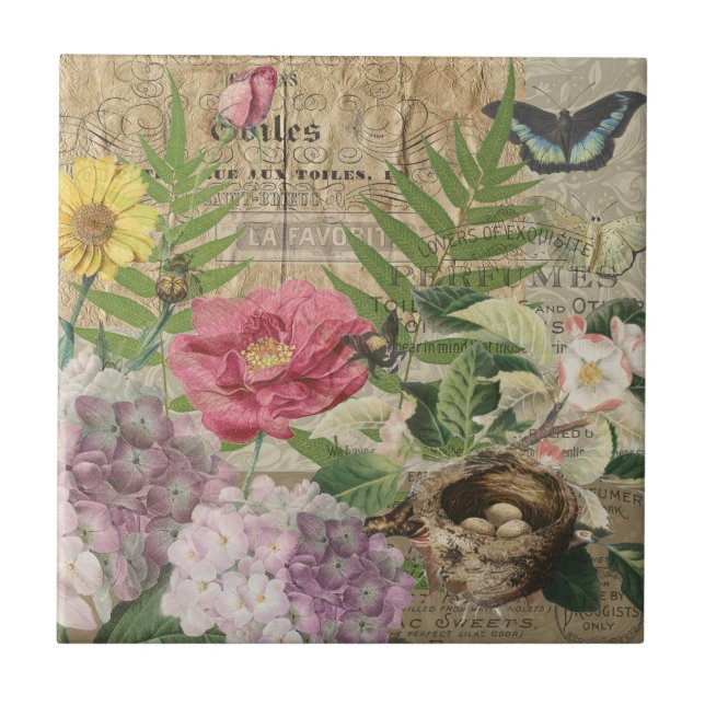 Bird Nest Floral Garden Flower Butterfly Art Tile (Front)