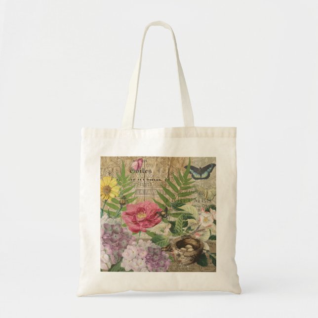 Bird Nest Floral Garden Flower Butterfly Art Tote Bag (Front)
