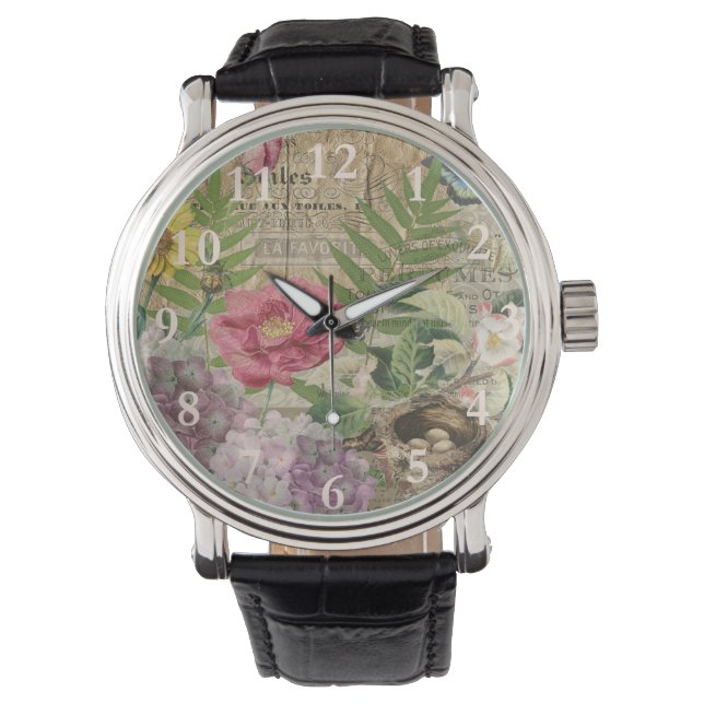 Bird Nest Floral Garden Flower Butterfly Art Watch (Front)