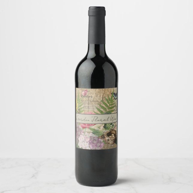 Bird Nest Floral Garden Flower Butterfly Art Wine Label (Front)