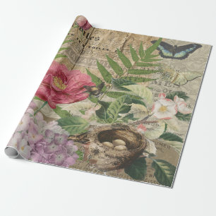Bird Nest Floral Garden Flower Butterfly Art Wrapping Paper