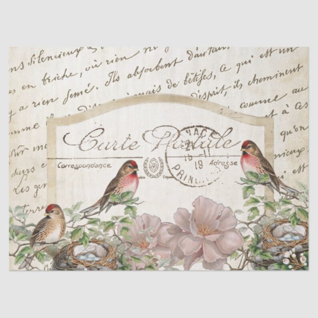 Bird Nest Gold Floral Carte Postale French Script  Tissue Paper (Front)