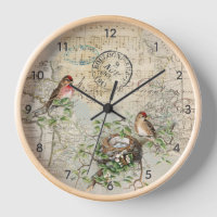 Bird Nest Map Music French Postmark Vintage Clock