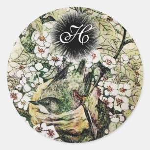 BIRD NEST MONOGRAM ,white brown green yellow Classic Round Sticker