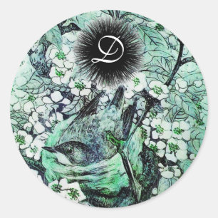 BIRD NEST monogram ,white green Classic Round Sticker