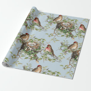 Bird Nest Pattern Vintage Blue Nature Decoupage    Wrapping Paper