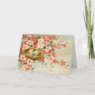 Bird Nest Pink Flower Branch Vintage Spring Easter Card
