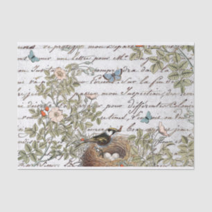 Bird Nest Pink Rose Butterfly Gold French Script Tissue Paper