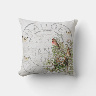 Bird Nest Postmark Butterfly French Script Blue Cushion