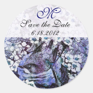 BIRD NEST Save The Date Monogram,White Blue Classic Round Sticker