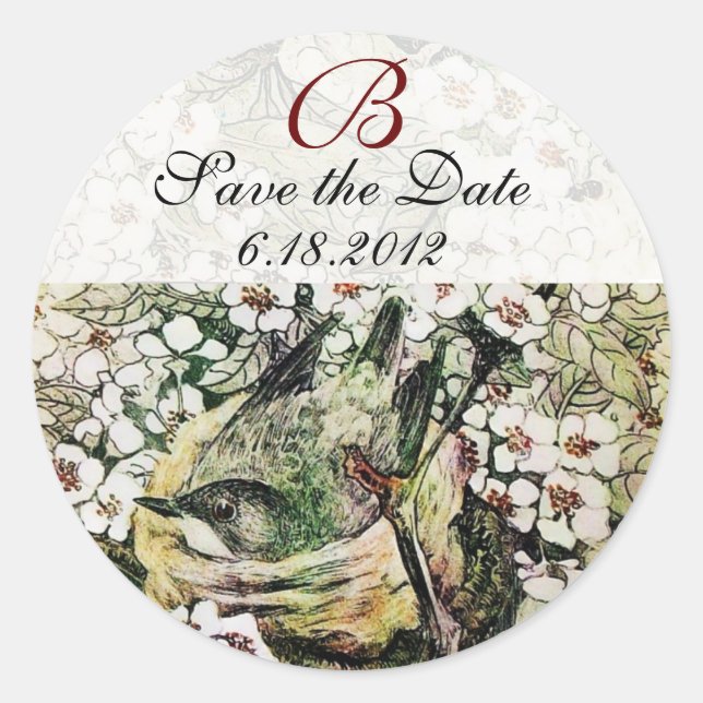 BIRD NEST Save The Date Monogram,White Yellow Classic Round Sticker (Front)