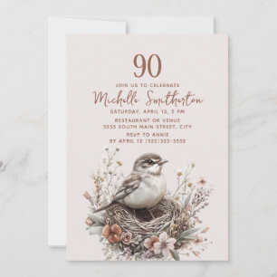 Bird Nest Terracotta Pink 90th Birthday Invitation