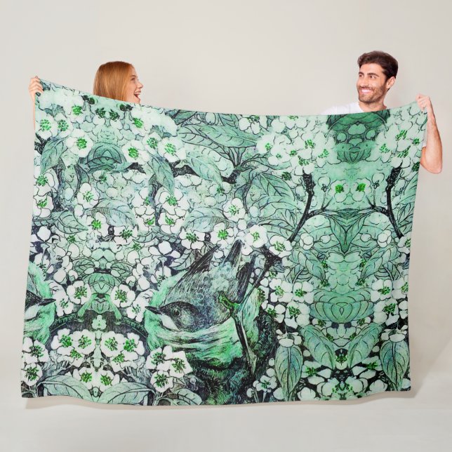 BIRD NEST, TREE ,GREEN WHITE SPRING FLOWERS Floral Fleece Blanket (In Situ)
