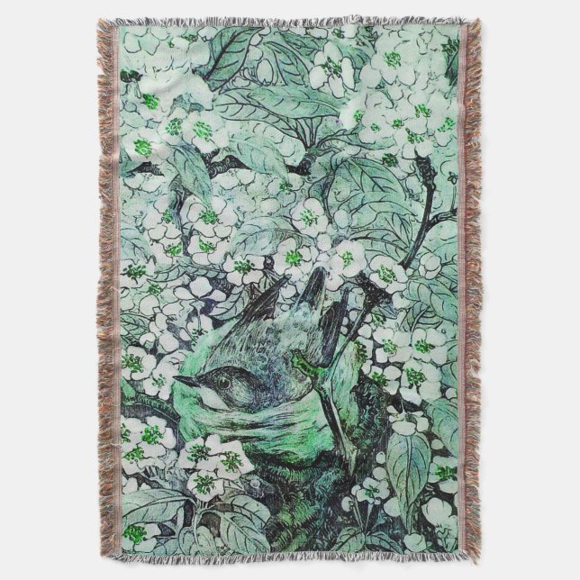 BIRD NEST, TREE ,GREEN WHITE SPRING FLOWERS Floral Throw Blanket (Front Vertical)
