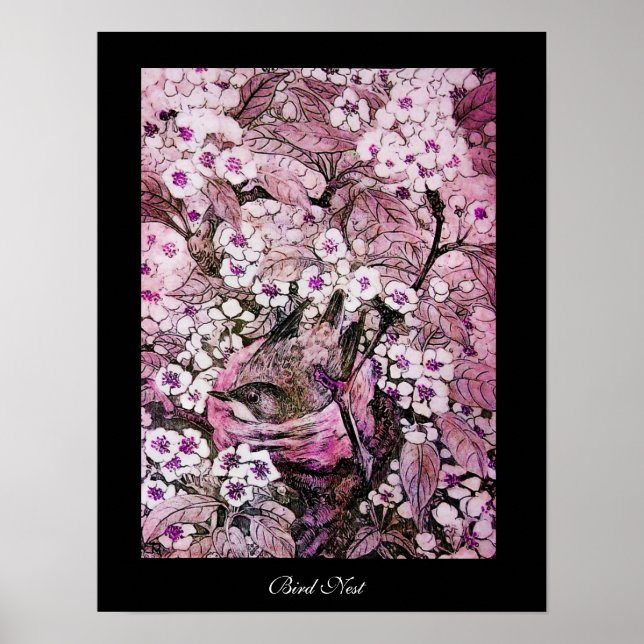 BIRD NEST,TREE PINK WHITE SPRING FLOWERS Black Poster (Front)