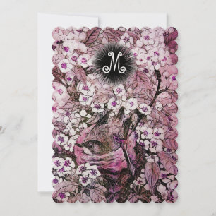 BIRD NEST,TREE WHITE PINK SPRING FLOWERS MONOGRAM ANNOUNCEMENT