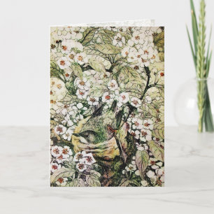 BIRD NEST,TREE WITH BROWN WHITE SPRING FLOWERS HOLIDAY CARD
