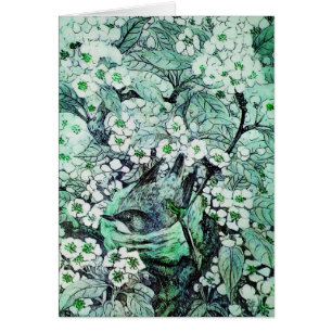 BIRD NEST ,TREE WITH GREEN WHITE SPRING FLOWERS