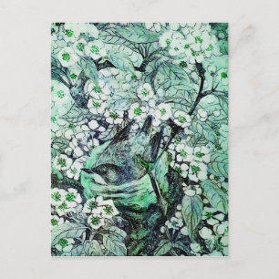 BIRD NEST ,TREE WITH GREEN WHITE SPRING FLOWERS POSTCARD