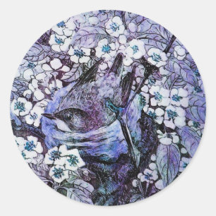BIRD NEST ,TREE WITH WHITE BLUE SPRING FLOWERS CLASSIC ROUND STICKER