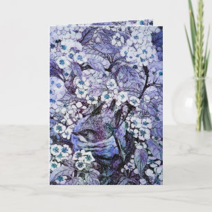 BIRD NEST ,TREE WITH WHITE BLUE SPRING FLOWERS HOLIDAY CARD