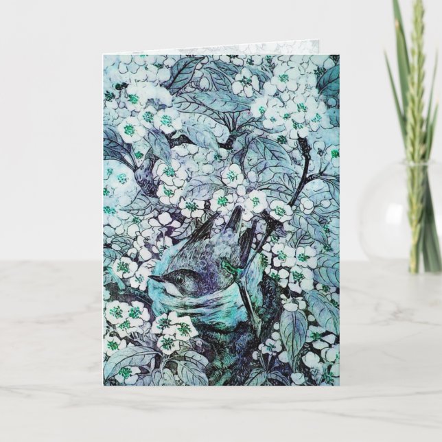 BIRD NEST ,TREE WITH WHITE BLUE SPRING FLOWERS HOLIDAY CARD (Front)