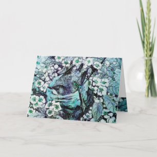 BIRD NEST ,TREE WITH WHITE BLUE SPRING FLOWERS HOLIDAY CARD